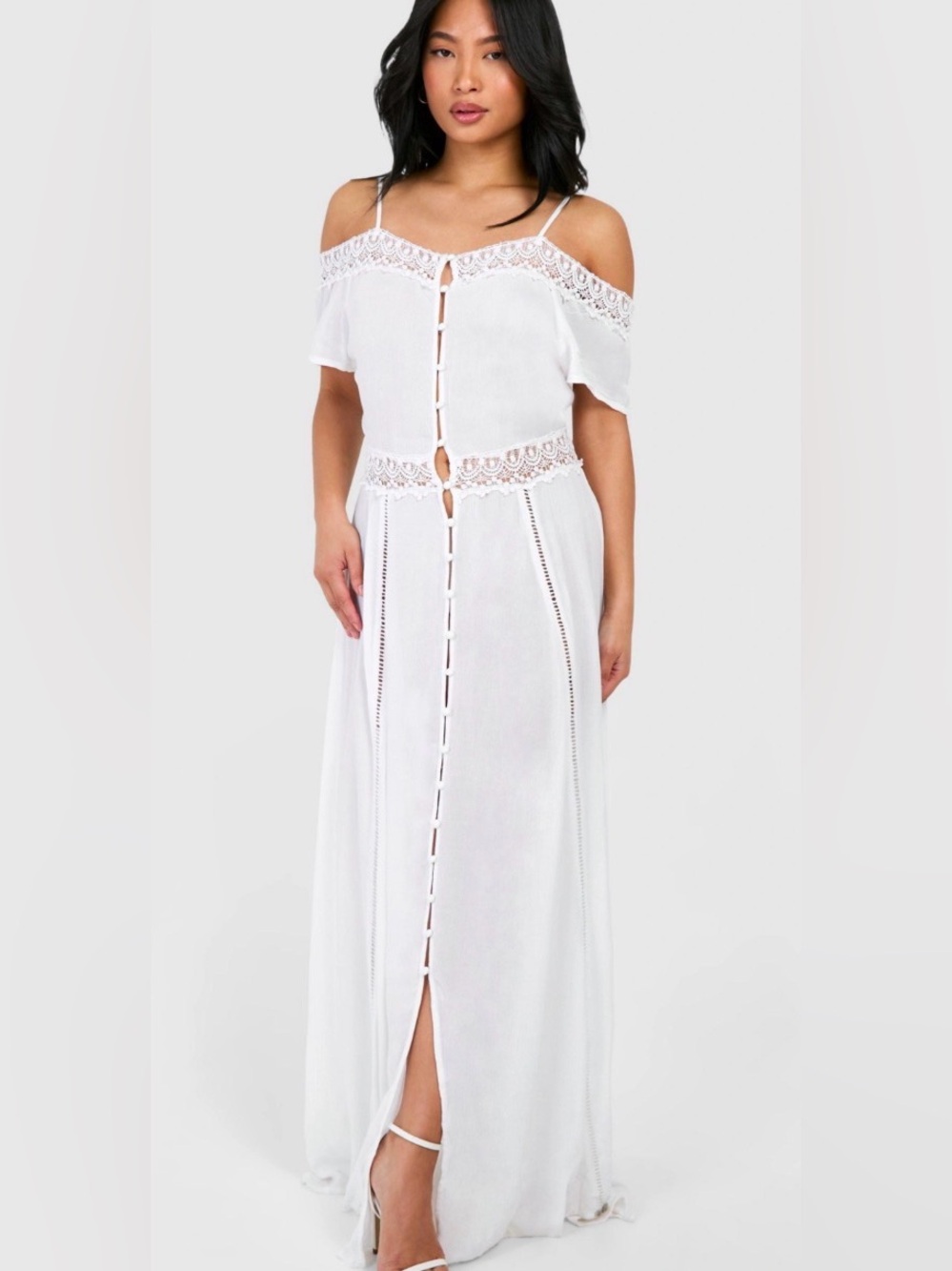 Boohoo White Off-Shoulder Maxi Dress with Lace Trim